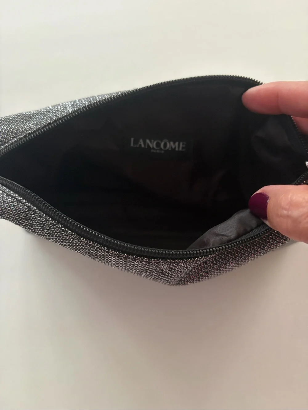 Lancome Black Shimmery Metallic Makeup Pouch with zipper. Never used.